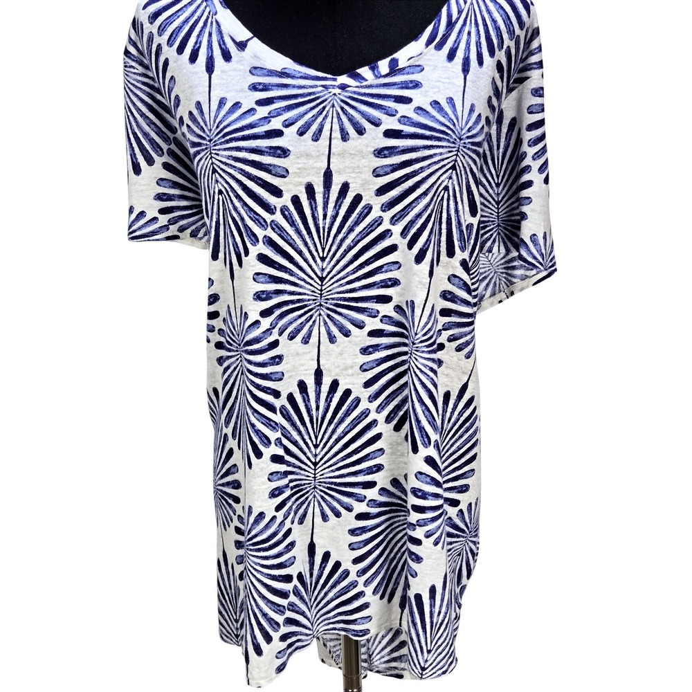 Women's Joie 3X Linen V-Neck Tunic Blue Palm Frond Print Top Coastal Resort